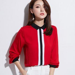 Balloon-sleeve Contrast Trim Chiffon Shirt