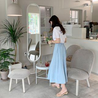 Band-waist Seam-trim Denim Skirt Light Blue - One Size