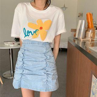 Set: Loose-fit Short-sleeve Printed T-shirt + Ruched Mini Skirt
