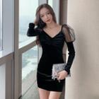 Puff-sleeve Sequined Velvet A-line Dress