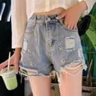 High-waist Faux Pearl Denim Shorts