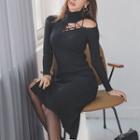 Turtleneck One-shoulder Midi Knit Sheath Dress Black - One Size