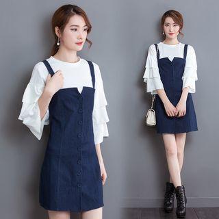 Set: Ruffle-sleeve Top + Denim Jumper Dress