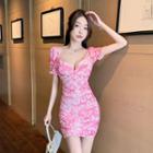 Puff-sleeve Printed Bodycon Dress