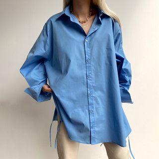 Long Sleeve Plain Drawstring Oversized Shirt