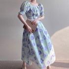 Puff-sleeve Floral Print Belted Midi A-line Dress Blue - One Size
