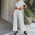 Short-sleeve Turtleneck Cutout Knit Wide Leg Jumpsuit