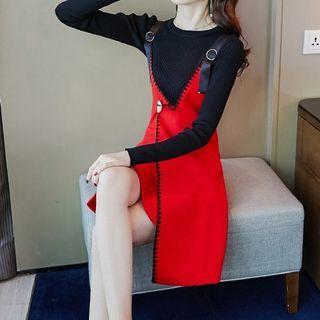 Set: Knit Top + Buckled Embroidered Trim Overall Dress
