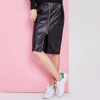 Faux Leather Front Zip Midi Skirt
