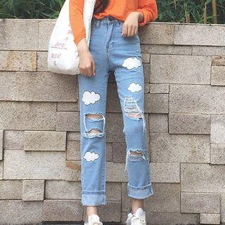 Cloud Print Ripped Straight-cut Jeans