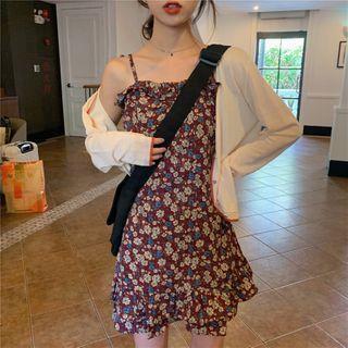 Spaghetti Strap Floral Print A-line Dress / V-neck Cardigan