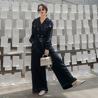 Contrast Stitching Long-sleeve Wide-leg Jumpsuit