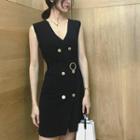 Plain Slim-fit Double-breasted Knit Dress