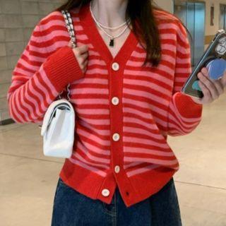 V-neck Striped Cardigan Stripe - One Size