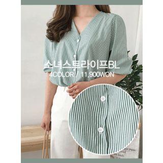 V-neck Puff-sleeve Stripe Blouse