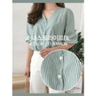 V-neck Puff-sleeve Stripe Blouse