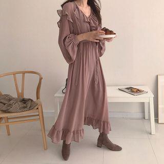 Ruffle-trim Long-sleeve Maxi A-line Dress