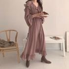 Ruffle-trim Long-sleeve Maxi A-line Dress