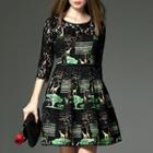 Lace Panel Printed A-line Dress