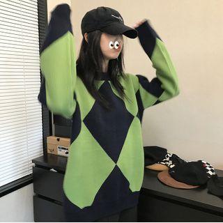 Two-tone Argyle Knit Sweater Green&black - One Size