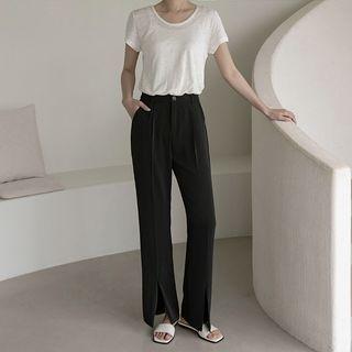 Pleated Slit-hem Wide-leg Pants