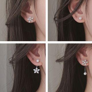 Non-matching 925 Sterling Silver Faux Pearl Rhinestone Flower Dangle Earring As Shown In Figure - One Size