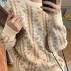 Long-sleeve Flower Printed Knit Sweater Flower - One Size