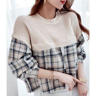 Knit-panel Layered Plaid Shirt