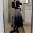 Long-sleeve Tie-neck Crop Top / Mesh Midi Skirt
