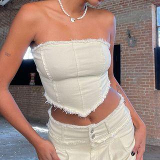 Furry-trim Denim Tube-top