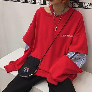 Mock Two-piece Striped Panel Lettering Pullover