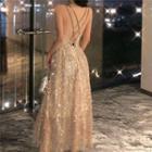 Strappy V-neck Sequined A-line Maxi Dress
