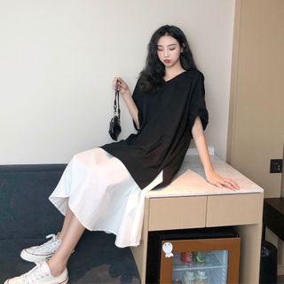 Mock Two-piece Elbow-sleeve Midi T-shirt Dress As Shown In Figure - One Size