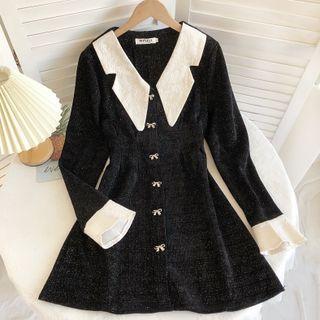 Long-sleeve Contrast Collar Bow Mini A-line Dress
