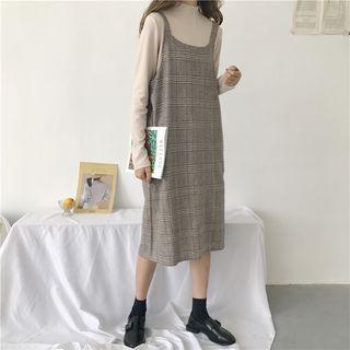 Plain Mock Neck Long Sleeve T-shirt / Plaid Pinafore Dress