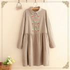 Plaid Embroidered Long-sleeve Collared Dress