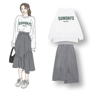Lettering Pullover / Asymmetric Hem Midi A-line Skirt