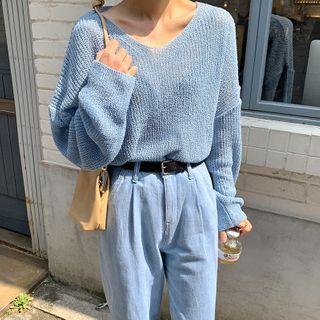 V-neck Long-sleeve Plain Open Knit Top Blue - One Size
