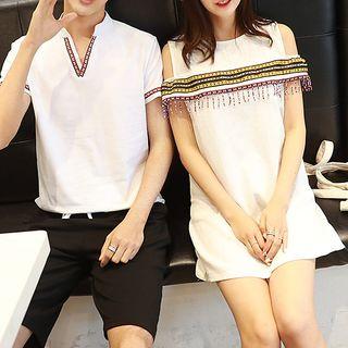 Couple Matching Short-sleeve Patterned Trim Top / A-line Mini Dress