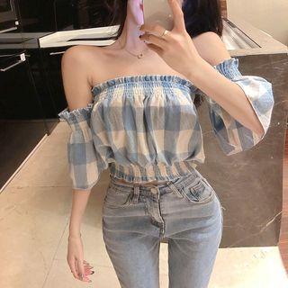 Short-sleeve Off-shoulder Ruffled Plaid Top