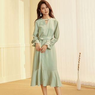 Long-sleeve A-line Chiffon Dress With Sash