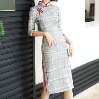 Traditional Chinese Elbow-sleeve Plaid Dress