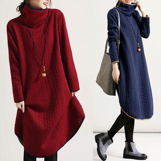 Turtleneck Long-sleeve Fleece-lined Dress