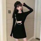 Cut-out Long-sleeve Mini A-line Dress Black - One Size