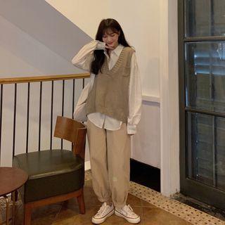 V-neck Knit Vest / Plain Shirt / Jogger Pants