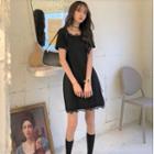 Short-sleeve Slit Mini A-line Dress Black - One Size
