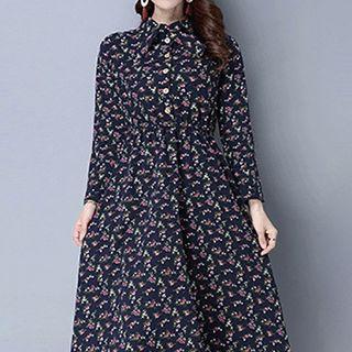 Long-sleeve Floral Print Midi A-line Shirtdress