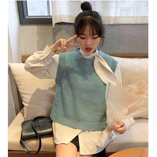 Tie Neck Blouse / Crew-neck Knit Vest