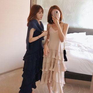 Plain Sweater / Spaghetti Strap Pleat-trim Midi Dress