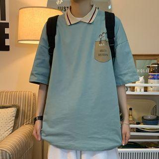 Elbow-sleeve Print Polo Top
